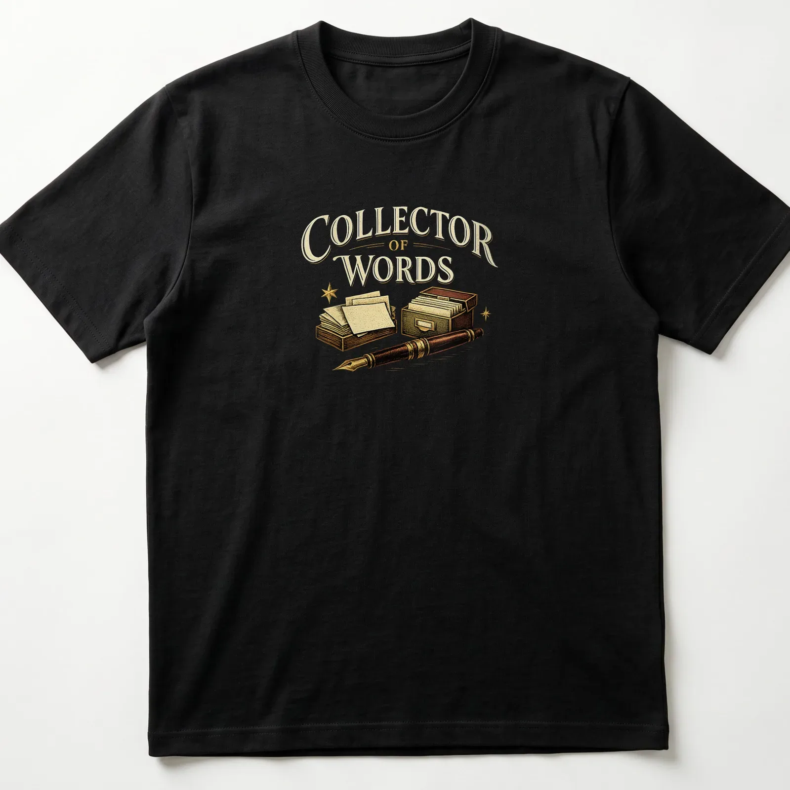 Vintage style t-shirt with 'Collector of Words' text and writing supplies graphics. — printed on a unisex t-shirt