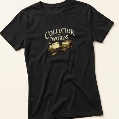 Vintage style t-shirt with 'Collector of Words' text and writing supplies graphics. — printed on a women's shirt
