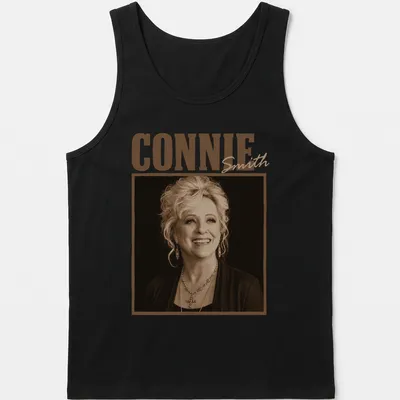 Vintage sepia design of Connie Smith, a country music legend, printed in brown and beige — printed on a tank top