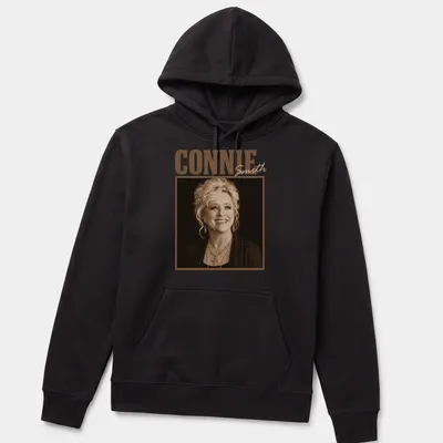 Vintage sepia design of Connie Smith, a country music legend, printed in brown and beige — printed on a unisex hoodie