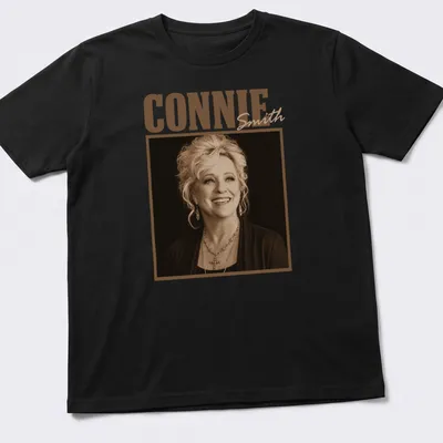 Vintage sepia design of Connie Smith, a country music legend, printed in brown and beige