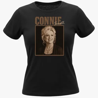 Vintage sepia design of Connie Smith, a country music legend, printed in brown and beige — printed on a women's shirt