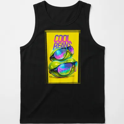Retro Y2K t-shirt with colorful sunglasses and jelly beans above the text COOL BEANS — printed on a tank top