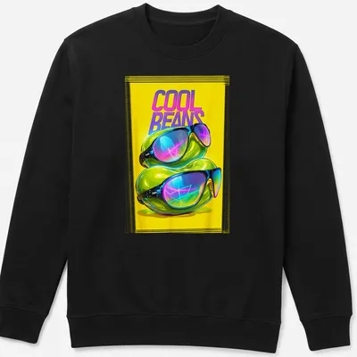 Retro Y2K t-shirt with colorful sunglasses and jelly beans above the text COOL BEANS — printed on a unisex sweatshirt
