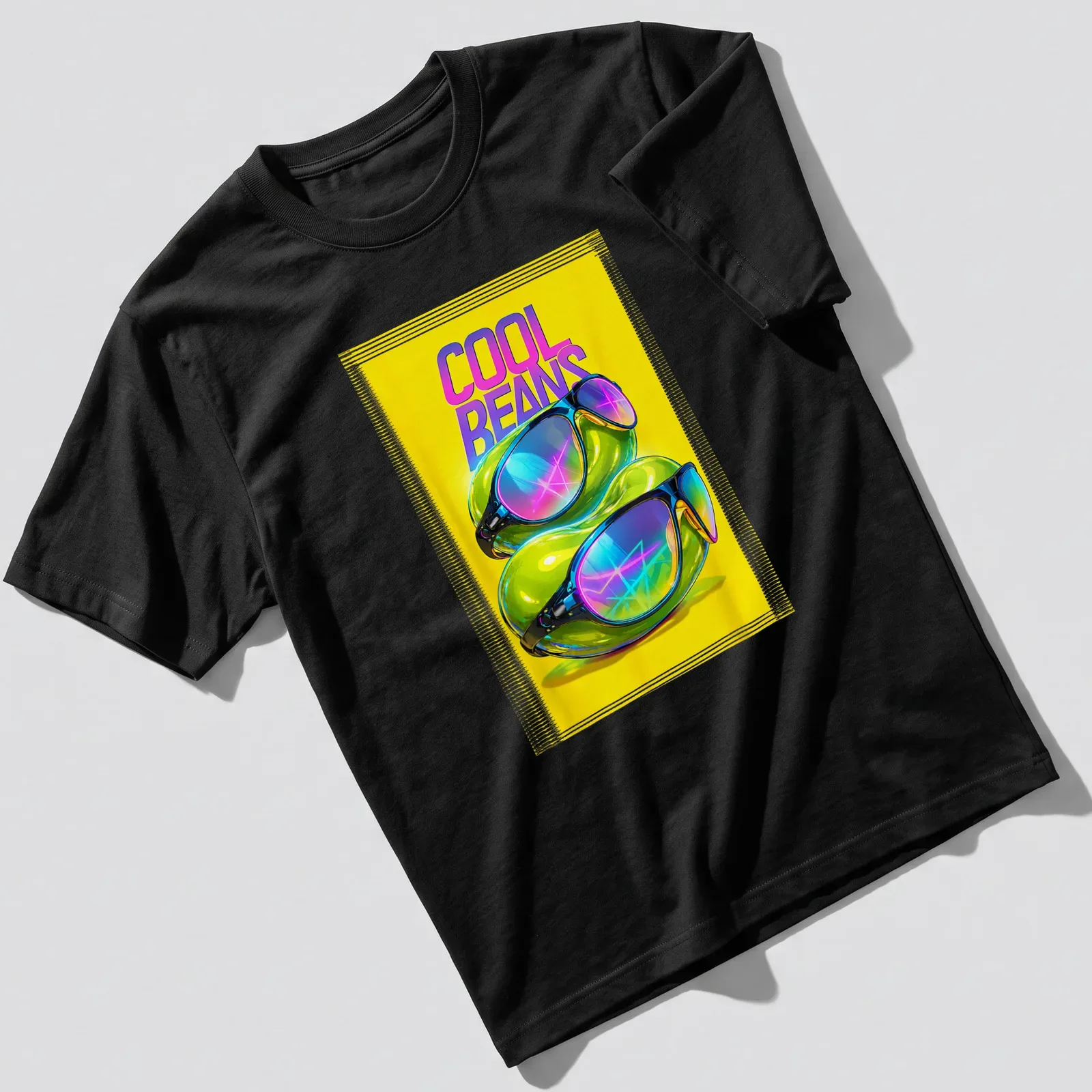 Retro Y2K t-shirt with colorful sunglasses and jelly beans above the text COOL BEANS — printed on a unisex t-shirt