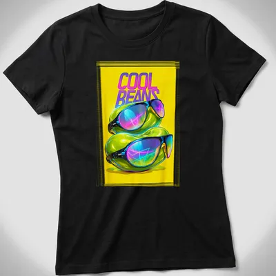 Retro Y2K t-shirt with colorful sunglasses and jelly beans above the text COOL BEANS — printed on a women's shirt