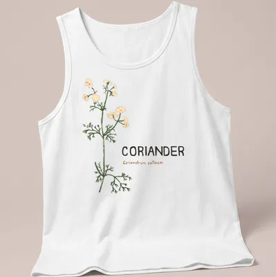 Botanical illustration of coriander plant with printed text — printed on a tank top
