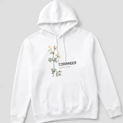 Botanical illustration of coriander plant with printed text — printed on a unisex hoodie