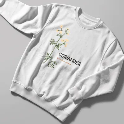 Botanical illustration of coriander plant with printed text — printed on a unisex sweatshirt