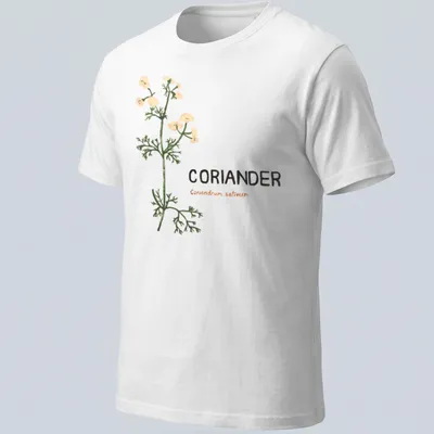 Botanical illustration of coriander plant with printed text — printed on a unisex t-shirt