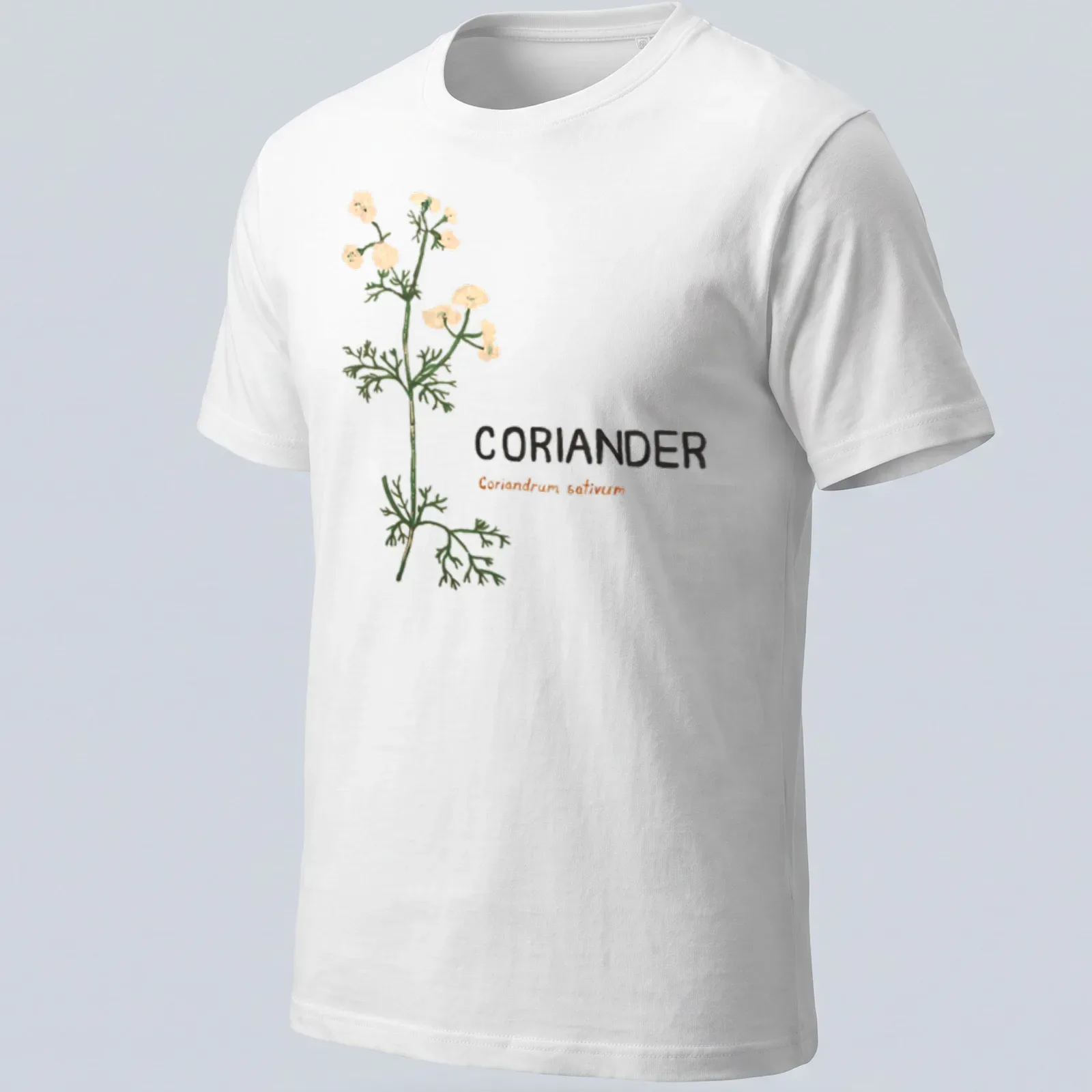 Botanical illustration of coriander plant with printed text — printed on a unisex t-shirt