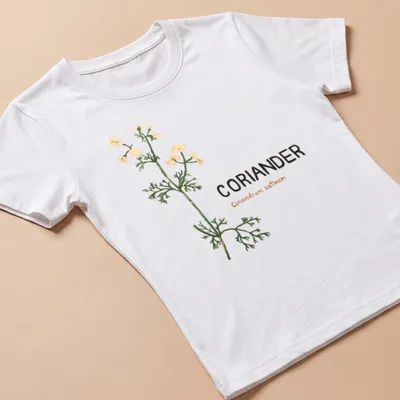 Botanical illustration of coriander plant with printed text — printed on a women's shirt