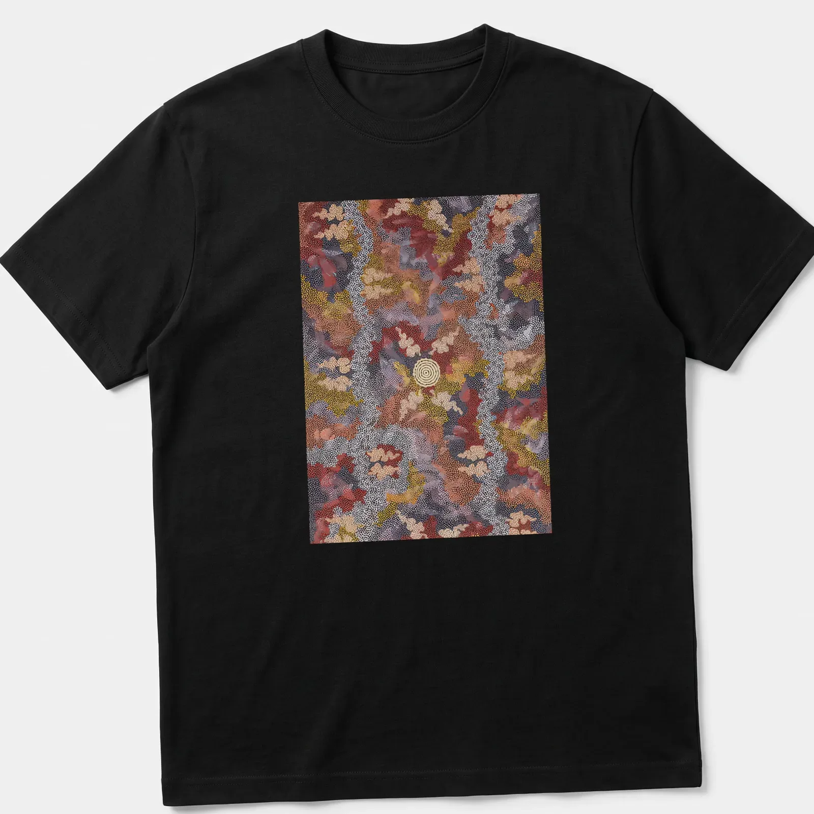 Abstract pattern t-shirt with vibrant colors and dot painting style — printed on a unisex t-shirt