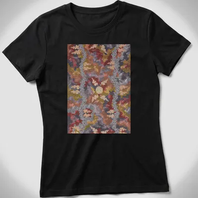 Abstract pattern t-shirt with vibrant colors and dot painting style — printed on a women's shirt