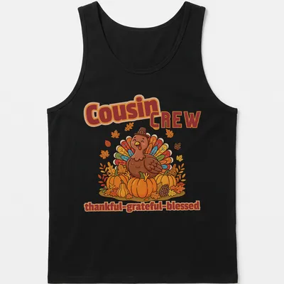 Kawaii cartoon turkey design with the phrase Cousin Crew Thankful Grateful Blessed — printed on a tank top