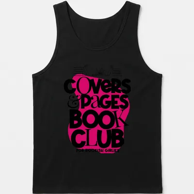 Bold modern typography on a shirt declaring love for book clubs — printed on a tank top