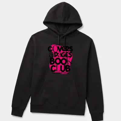 Bold modern typography on a shirt declaring love for book clubs — printed on a unisex hoodie