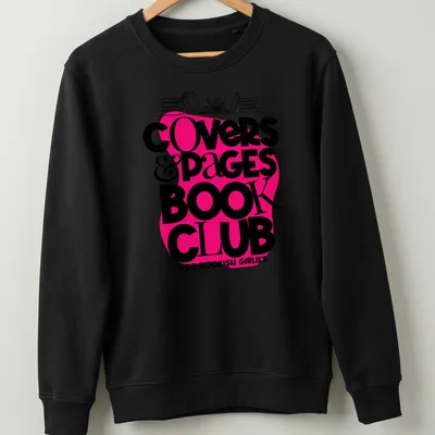Bold modern typography on a shirt declaring love for book clubs — printed on a unisex sweatshirt