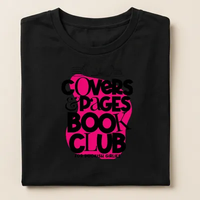 Bold modern typography on a shirt declaring love for book clubs — printed on a women's shirt