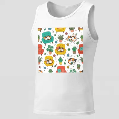 Kawaii line-art T-shirt featuring cozy cats sleeping in colorful armchairs — printed on a tank top