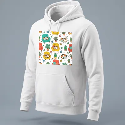 Kawaii line-art T-shirt featuring cozy cats sleeping in colorful armchairs — printed on a unisex hoodie