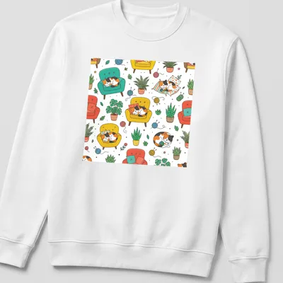 Kawaii line-art T-shirt featuring cozy cats sleeping in colorful armchairs — printed on a unisex sweatshirt