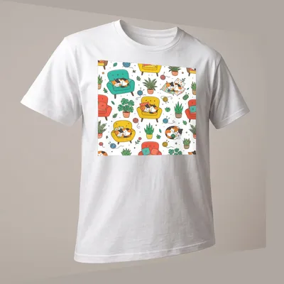 Kawaii line-art T-shirt featuring cozy cats sleeping in colorful armchairs — printed on a unisex t-shirt (angled view)
