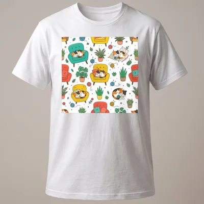 Kawaii line-art T-shirt featuring cozy cats sleeping in colorful armchairs — printed on a unisex t-shirt