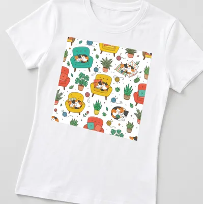Kawaii line-art T-shirt featuring cozy cats sleeping in colorful armchairs — printed on a women's shirt