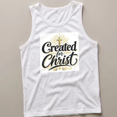 Typography design featuring the text 'Created for Christ' with a Christian cross — printed on a tank top