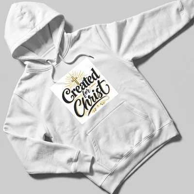 Typography design featuring the text 'Created for Christ' with a Christian cross — printed on a unisex hoodie