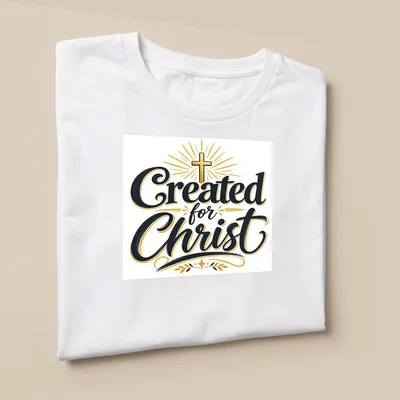 Typography design featuring the text 'Created for Christ' with a Christian cross — printed on a unisex t-shirt (angled view)