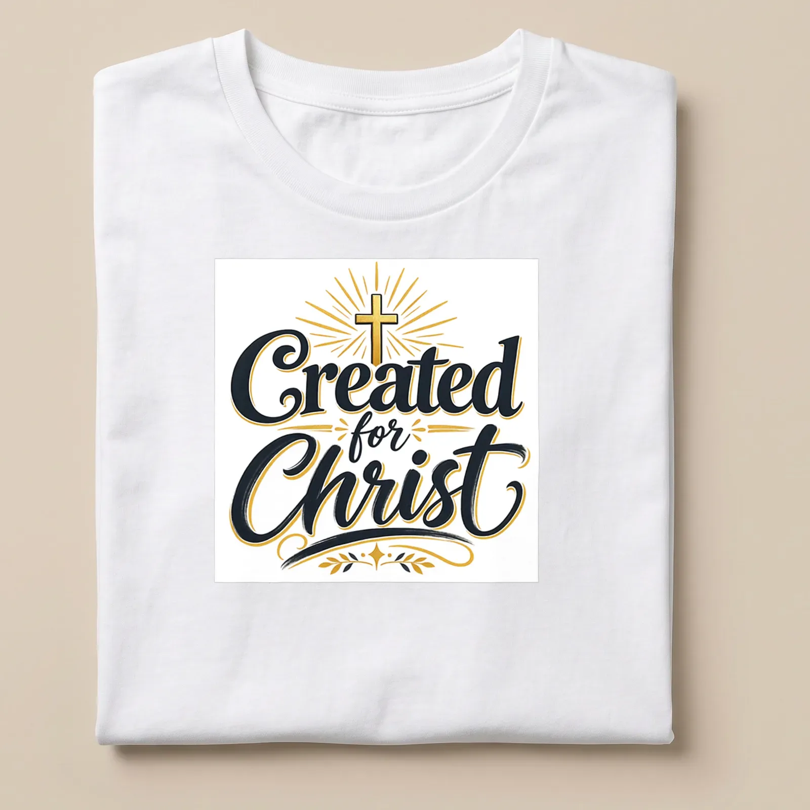 Typography design featuring the text 'Created for Christ' with a Christian cross — printed on a unisex t-shirt