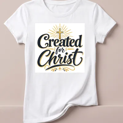 Typography design featuring the text 'Created for Christ' with a Christian cross — printed on a women's shirt