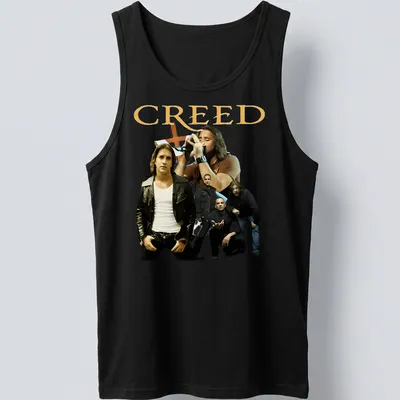 Photographic print of Creed band members with bold CREED lettering — printed on a tank top