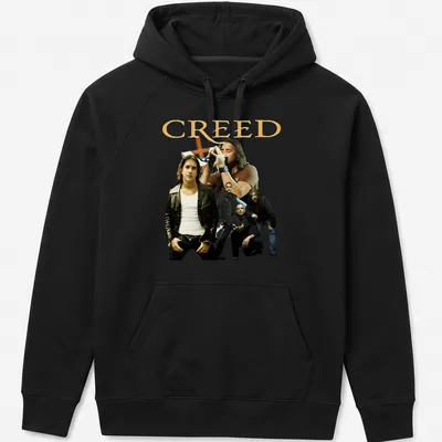 Photographic print of Creed band members with bold CREED lettering — printed on a unisex hoodie