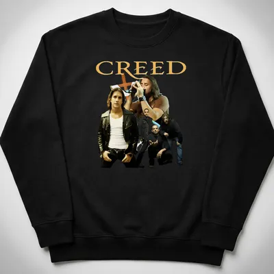 Photographic print of Creed band members with bold CREED lettering — printed on a unisex sweatshirt