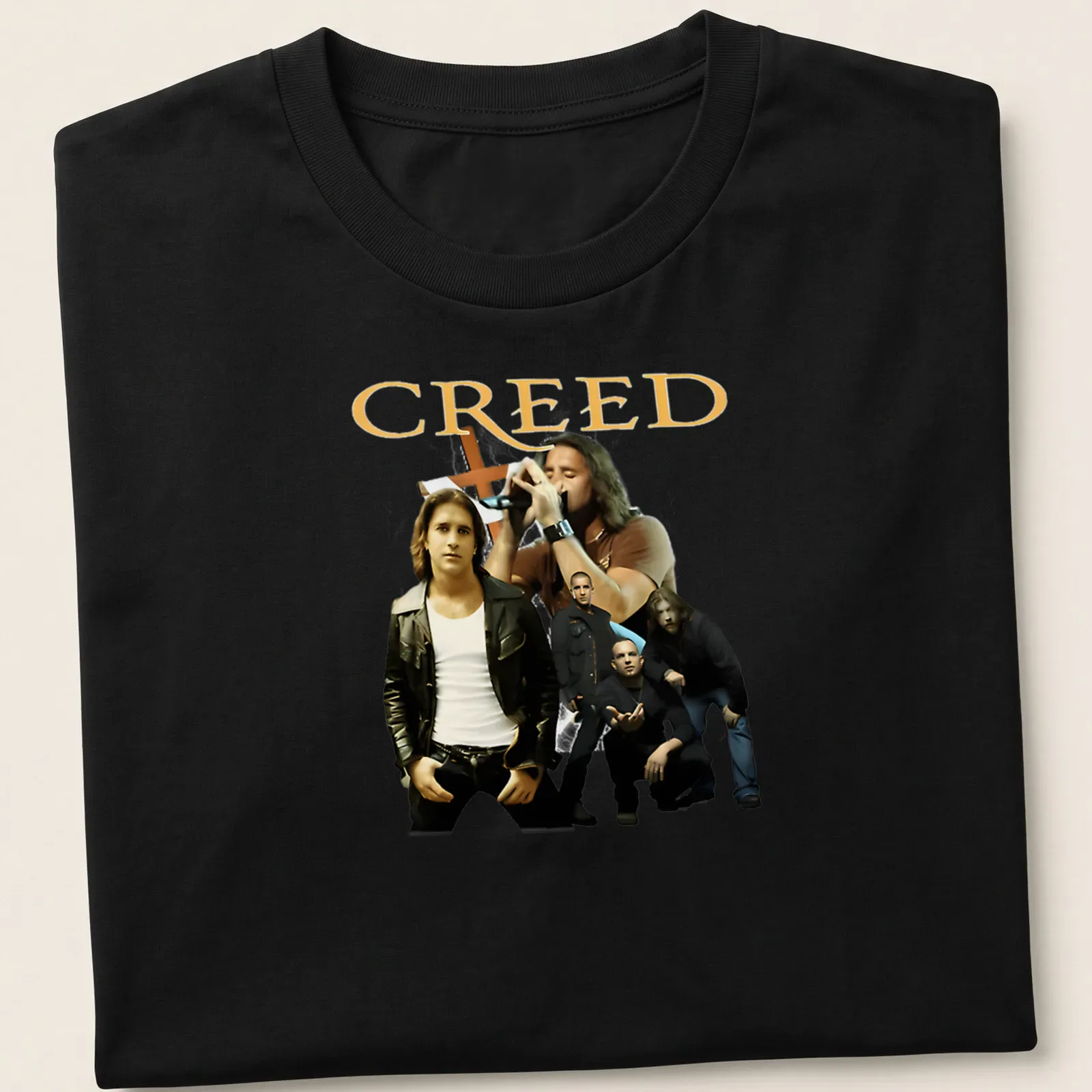 Photographic print of Creed band members with bold CREED lettering — printed on a unisex t-shirt