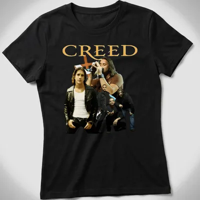 Photographic print of Creed band members with bold CREED lettering — printed on a women's shirt