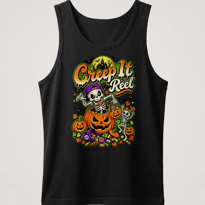 Colorful cartoon of skeletons and pumpkins with the text Creep It Reel for Halloween — printed on a tank top