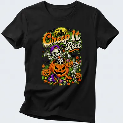 Colorful cartoon of skeletons and pumpkins with the text Creep It Reel for Halloween — printed on a women's shirt