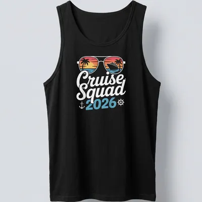 Tropical retro t-shirt with Cruise Squad 2026 text and cruise ship graphic — printed on a tank top