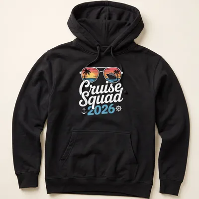 Tropical retro t-shirt with Cruise Squad 2026 text and cruise ship graphic — printed on a unisex hoodie