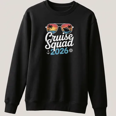 Tropical retro t-shirt with Cruise Squad 2026 text and cruise ship graphic — printed on a unisex sweatshirt