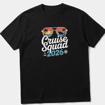 Tropical retro t-shirt with Cruise Squad 2026 text and cruise ship graphic
