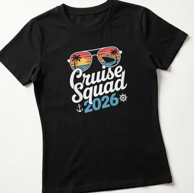 Tropical retro t-shirt with Cruise Squad 2026 text and cruise ship graphic — printed on a women's shirt