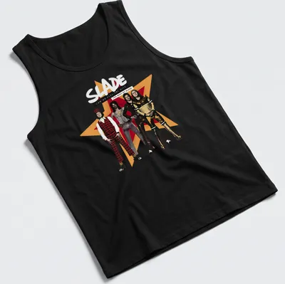 Vintage Slade band t-shirt featuring the text 'Cum On Feel The Hitz' with glam rock imagery — printed on a tank top
