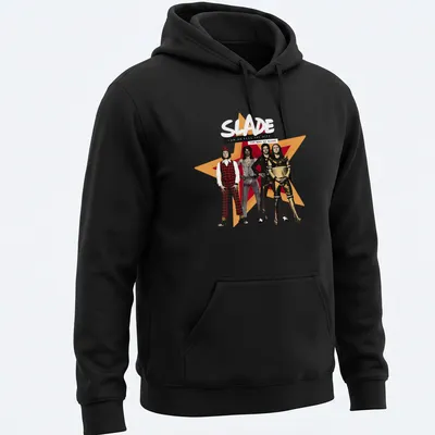 Vintage Slade band t-shirt featuring the text 'Cum On Feel The Hitz' with glam rock imagery — printed on a unisex hoodie