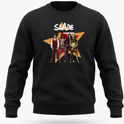 Vintage Slade band t-shirt featuring the text 'Cum On Feel The Hitz' with glam rock imagery — printed on a unisex sweatshirt