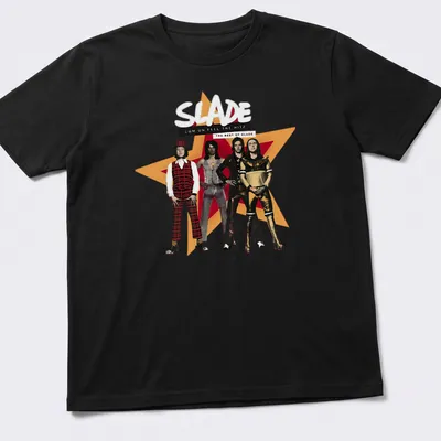Vintage Slade band t-shirt featuring the text 'Cum On Feel The Hitz' with glam rock imagery